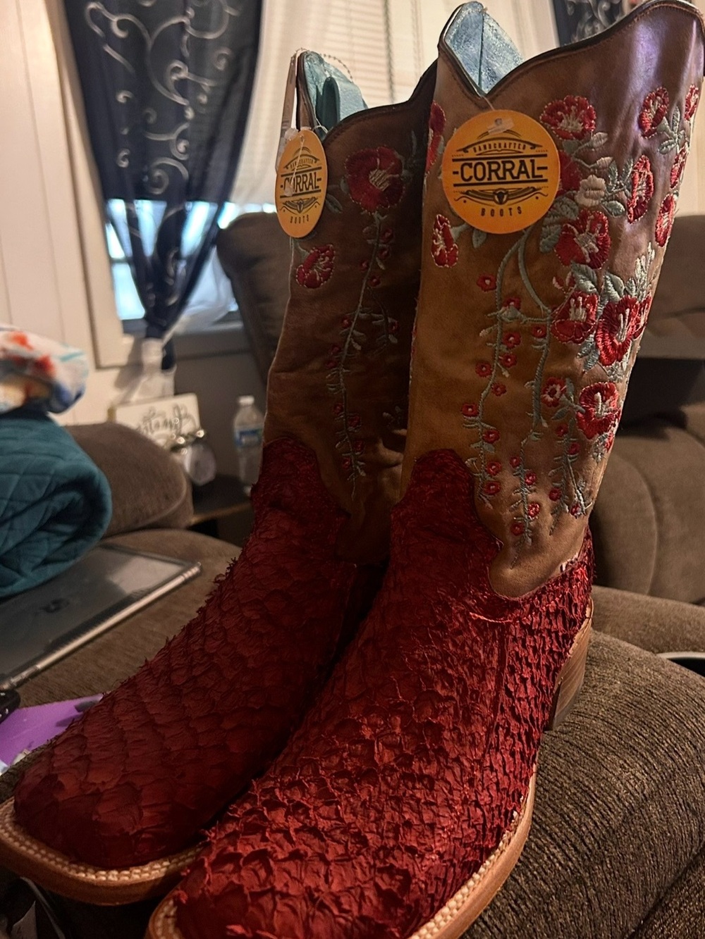 Corral Red Textured Leather and Brown Embroidered Western Lace-Up Boots
